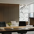 Modern Office Interior With Bookshelves Trophies Desk Chairs Sofa Marble Coffee Table And Green Plants