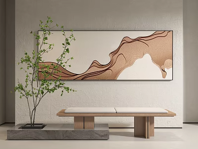 Modern Interior With Abstract Landscape Wall Art Beige Brown Wooden Bench And Green Plant 3d model