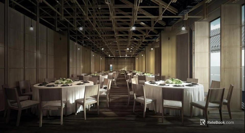 Spacious Restaurant Banquet Hall With Round Tables White Tablecloths And Green Centerpieces 3d model 