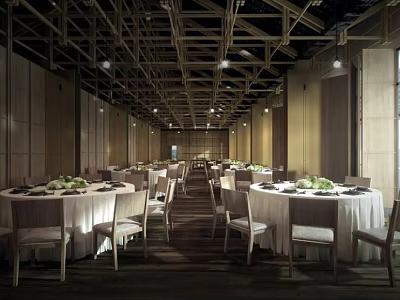 Spacious Restaurant Banquet Hall With Round Tables White Tablecloths And Green Centerpieces 3d model