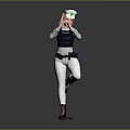 Woman Wearing White Hat Black Vest Standing on One Leg Holding Whistle with Black Device