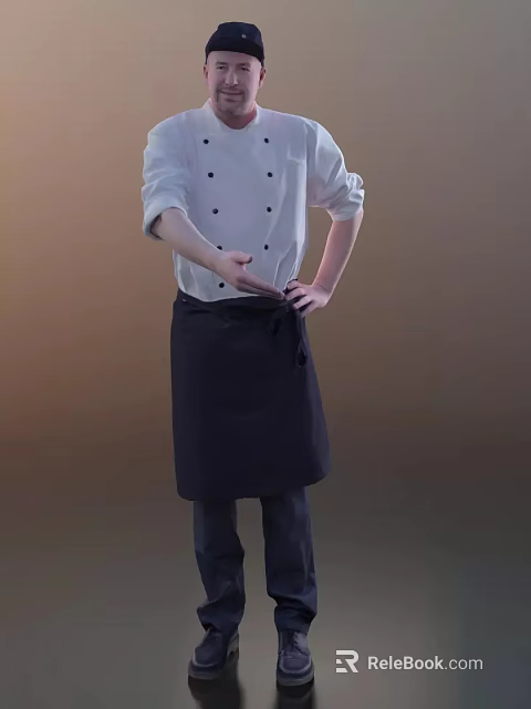 Man in White Chef Uniform With Black Apron Standing in Professional Posture 3d model