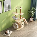 Wooden Multilevel Cat Tree Household Living Products With Pet Bed Potted Plant Green Wall Wooden Floor