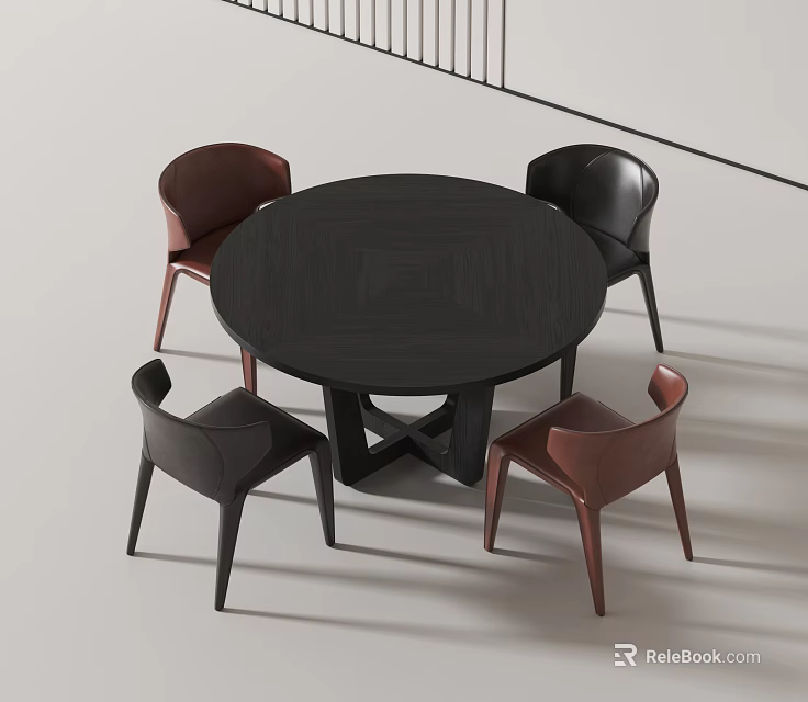 Modern Stylish Round Black Dining Table With Black And Brown Chairs 3d model