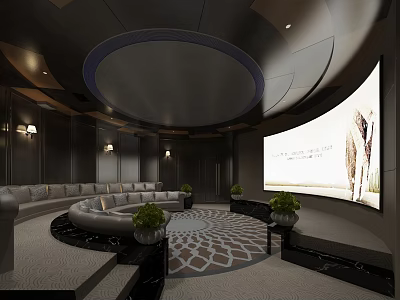 Modern Conference Room Interior Design With Circular Ceiling Curved Sofas And Large Screen 3d model