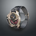Stylish Watch With Black Leather Strap And Metal Dial Mechanical Design Gold Accents Red Details