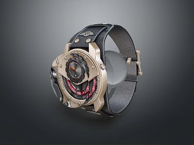 Stylish Watch With Black Leather Strap And Metal Dial Mechanical Design Gold Accents Red Details 3d model