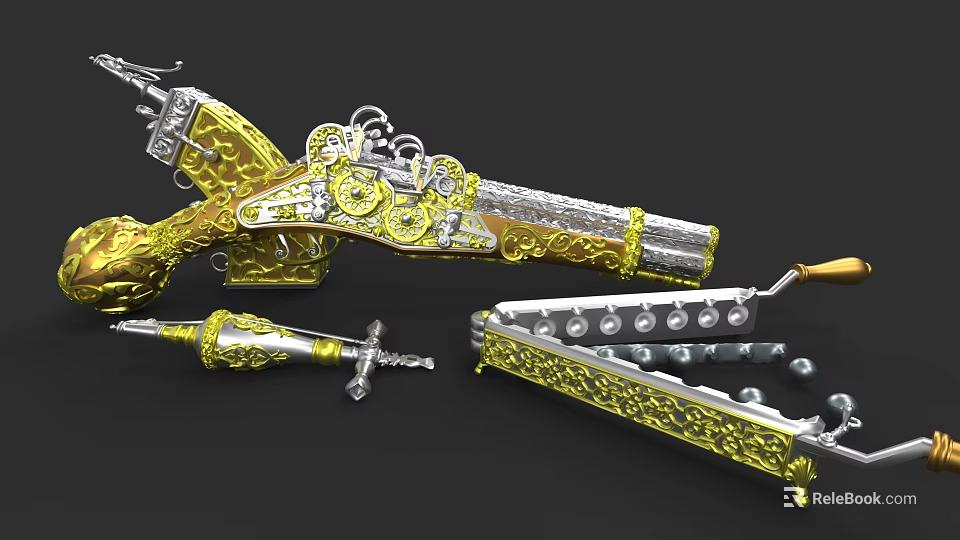 Intricate Metal Sculpture Carving With Gold Silver Ornate Patterns And Decorative Details 3d model 