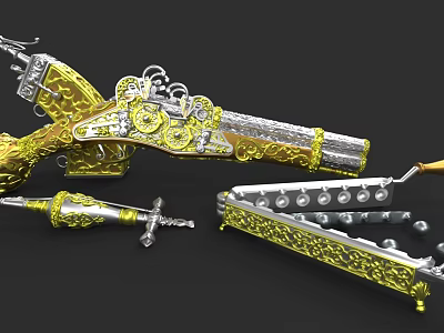 Intricate Metal Sculpture Carving With Gold Silver Ornate Patterns And Decorative Details 3d model