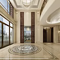 Modern Hotel Lobby With Large Windows Chandelier And Marble Floor Circular Pattern 3d model