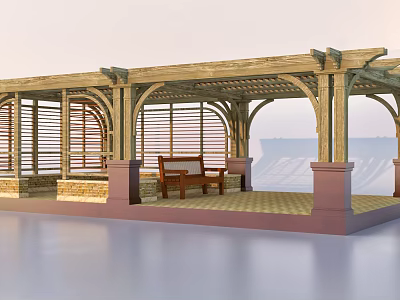 Wooden Pergola Structure With Lattice Roof Wooden Bench Stone Columns On Paved Outdoor Patio 3d model