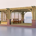 Wooden Pergola Structure With Lattice Roof Wooden Bench Stone Columns On Paved Outdoor Patio