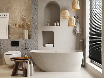 Modern Minimalist Bathroom With Freestanding Bathtub And Rattan Lights 3d model