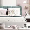 Soft Tones Kids Room Interior With Green Headboard Bed Pillows Dressing Table And Rug
