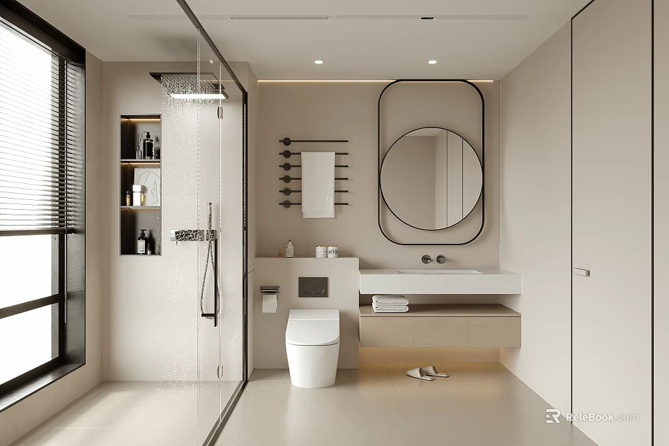Modern Minimalist Bathroom Interior Design With Shower Toilet Vanity And Round Mirror 3d model 