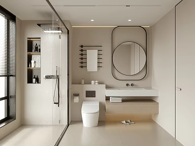 Modern Minimalist Bathroom Interior Design With Shower Toilet Vanity And Round Mirror 3d model