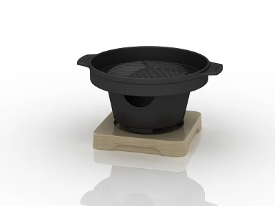 Black Kitchen Grill Pan Appliance With Handles And Wooden Base Design 3d model