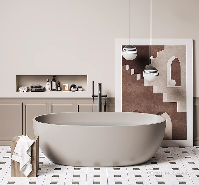 Beige Freestanding Bathtub with Wooden Towel Rack Geometric Art Print and Spherical Pendant Lights 3d model 