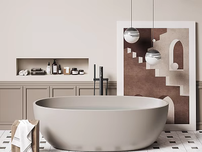 Beige Freestanding Bathtub with Wooden Towel Rack Geometric Art Print and Spherical Pendant Lights 3d model