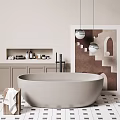 Beige Freestanding Bathtub with Wooden Towel Rack Geometric Art Print and Spherical Pendant Lights