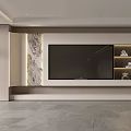 Modern TV Wall Interior Design With Marble Accent And Wooden Shelves