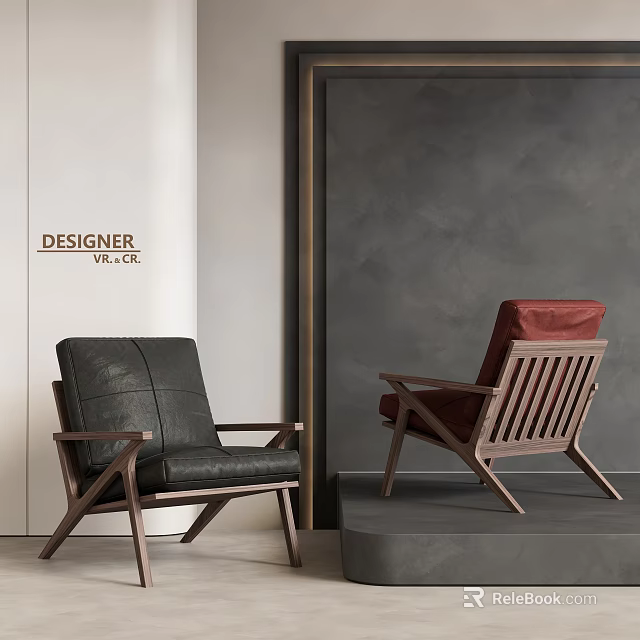 Designer Single Sofa Featuring Black Leather Red Cushion and Wooden Frame 3d model