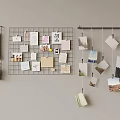Stylish Wall Panel With Grid And Hanging Photos And Cards 3d model