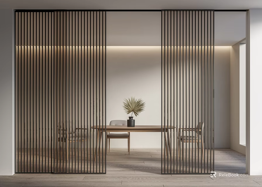 Modern Wooden Sliding Doors with Vertical Slats in Minimalist Dining Area with Table and Plant 3d model 