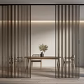 Modern Wooden Sliding Doors with Vertical Slats in Minimalist Dining Area with Table and Plant
