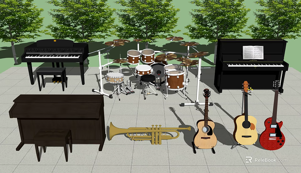 Different Types of Musical Instruments and Art Supplies in Outdoor Display Setup 3d model 