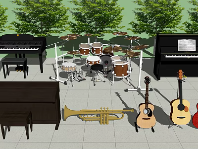 Different Types of Musical Instruments and Art Supplies in Outdoor Display Setup 3d model