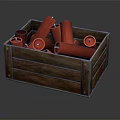 Commercial Equipment With Red Cylindrical Items Stored In Wooden Crate