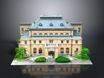 Scenic View of Yellow Classical Building With Gray Roof Symmetric Shrubs and Small Trees 3d model