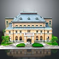 Scenic View of Yellow Classical Building With Gray Roof Symmetric Shrubs and Small Trees