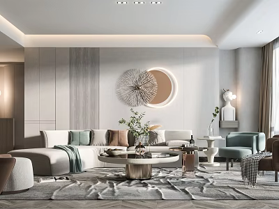 Elegant Modern Living Room Interior With Gray Sofa Round Decorative Mirror Carpet And Coffee Table 3d model
