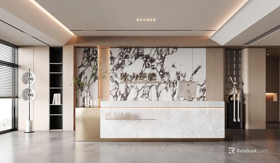 Modern Reception Area with Marble Backdrop Elegant Reception Desk Green Plant Decorations and Wooden Shelves 3d model 