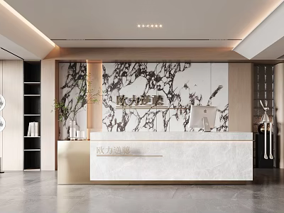 Modern Reception Area with Marble Backdrop Elegant Reception Desk Green Plant Decorations and Wooden Shelves 3d model