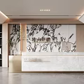 Modern Reception Area with Marble Backdrop Elegant Reception Desk Green Plant Decorations and Wooden Shelves