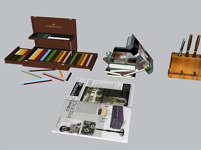 Colored Pencils In Open Case With Wooden Pen Holder And Design Brochure 3d model