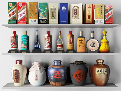 Various Brand Liquor Bottles And Ceramic Jars Displayed On Multiple Shelves 3d model