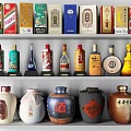 Various Brand Liquor Bottles And Ceramic Jars Displayed On Multiple Shelves