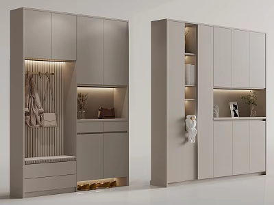 Modern Light Gray Shoe Cabinet Design With Hanging Area Drawers And Display Shelves 3d model