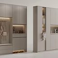 Modern Light Gray Shoe Cabinet Design With Hanging Area Drawers And Display Shelves