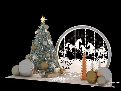 Festive Christmas Ornament Decoration Set With Star Topped Tree Carousel Horses Gift Boxes And Snowflake Decor 3d model