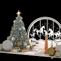 Festive Christmas Ornament Decoration Set With Star Topped Tree Carousel Horses Gift Boxes And Snowflake Decor