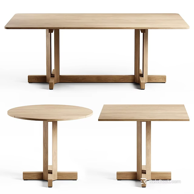 Modern Wooden Dining Table Set With Round And Rectangular Tables And Simple Solid Wood Frame 3d model 