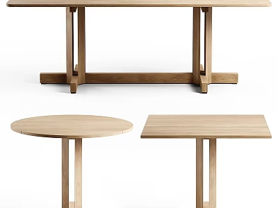 Modern Wooden Dining Table Set With Round And Rectangular Tables And Simple Solid Wood Frame 3d model