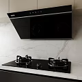 Modern Kitchen With Black Range Hood Stove Top Marble Backsplash And Cabinets 3d model