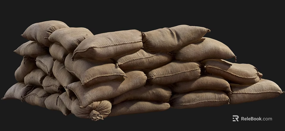 Brown Hessian Sandbags Stacked In High Pile For Construction Work 3d model 