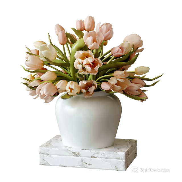 Beautiful White Vase with Fresh Pink and Beige Tulips on Marble Base 3d model 
